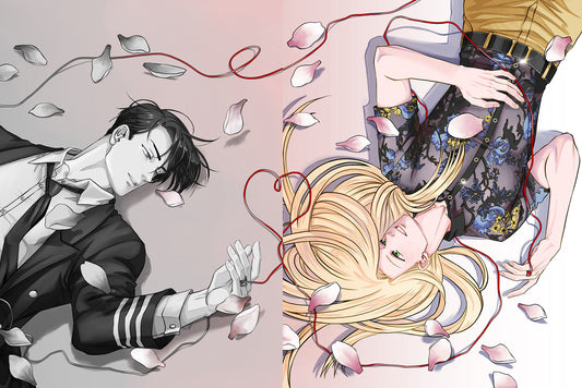 Covers of Heart to Heart novels. Cover on the left is Remy lying down, looking to his left at Erin with a red string wrapped around his left ring finger. The cover on the right is Erin upside down lying his back, looking to his left to Remy. A red string is wrapped around Erin's right ring finger.